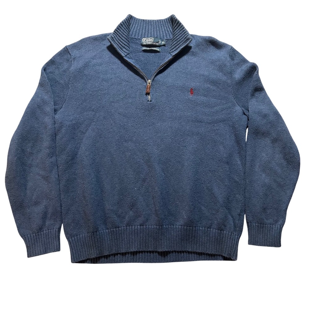 VTG Y2K Polo Ralph Lauren Quarter Zip Sweater Mens XL Blue Cotton Pony Logo Knit